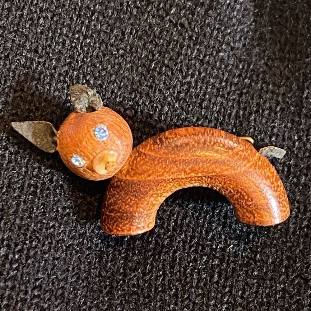 Handmade Scandinavian Vintage Wood Cat Dog Brooch Pin with Aqua Crystal Eyes